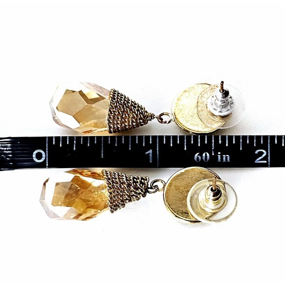VTG Crystal Topaz Earrings Dangle Tear Drop Gold Tone Wire Wrap Stud 1.75" EUC - Picture 5 of 6